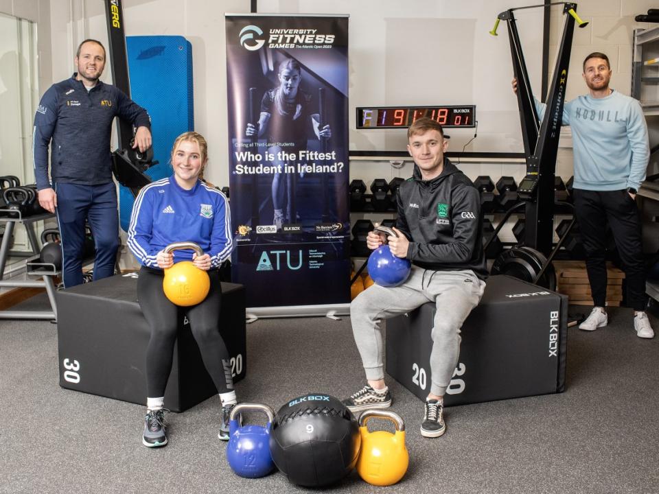 <p>Michael Murphy (Head of Sport, ATU Donegal), Neil Barrett (Lecturer, ATU Donegal), Katie Gibbons and Fionnan Coyle (students on the BSc (Hons) in Sport & Exercise programme) launching the University Fitness Games at An Danlann Sports Centre, ATU Donegal, who are hosting the event.</p>
