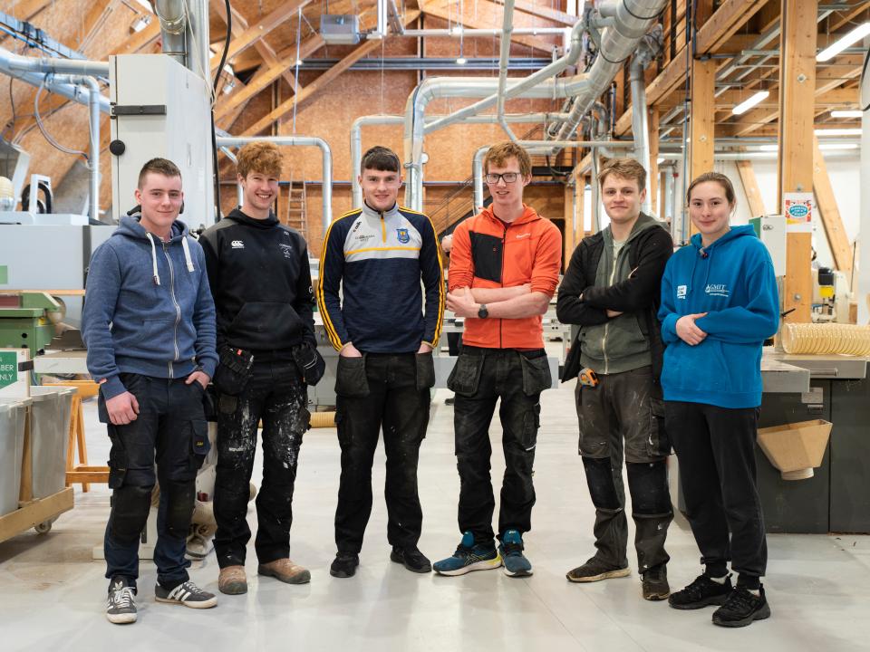 <p>GMIT Letterfrack students training for the IrelandSkills Competitions in the Machine Hall facilities at GMIT Letterfrack. L to R: students Gary Sharkey, Keith Roberts, Tomas Rushe, Daniel Stratford, Matthew Shakespeare and Matilda Anderson. [Photo by Aoife Herriott Photography. No repro fee.]</p>
