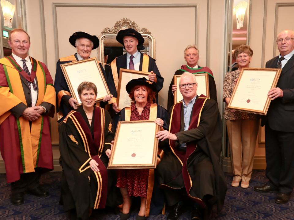 <p>GMIT Honorary Fellowship recipients Máirín Uí Chomáin (front centre), Dr Gay Corr and Michael Gilvarry (centre back) pictured with GMIT President Dr Orla Flynn and Cormac MacDonncha, Chairman of GMIT Governing Body (front row). Also pictured are Dr Michael Hannon, VP Academic Affairs & Registrar (back left) and Jim Fennell, VP for Finance & Corporate Affairs who accepted the Fellowship on behalf of Micheál Ó hUiguinn, and Marjorie and Richard Fahey, who accepted the Fellowship on behalf of their daughter Niamh.</p>
