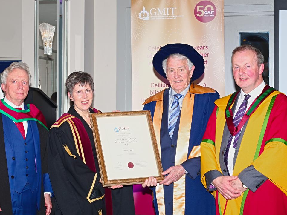 <p>Dr Gay Corr (centre right) who was conferred with a GMIT Honorary Fellowship from the President of GMIT, Dr Orla Flynn. Also pictured are Jim Fennell (left), VP for Finance & Corporate Governance, GMIT, and Dr Michael Hannon, VP for Academic Affairs & Registrar.</p>
