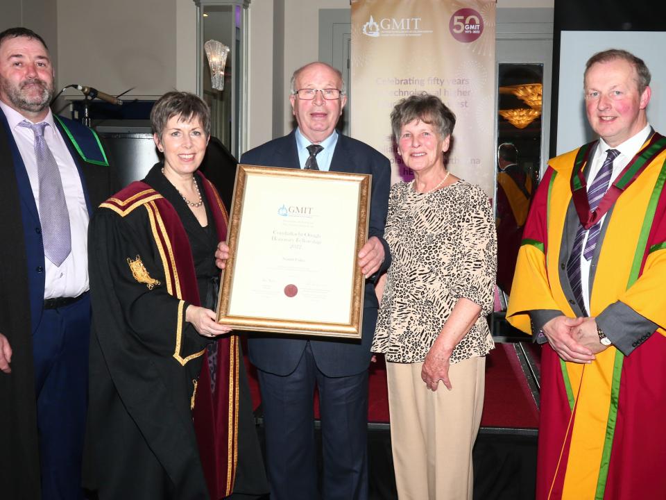 <p>Richard and Marjorie Fahey, Killannin, Co Galway, who accepted the GMIT Honorary Fellowship on behalf of their daughter, Republic of lreland women's national football team member and Liverpool player Niamh, from the President of GMIT, Dr Orla Flynn. Also pictured are Michael Geoghegan, Member of the GMIT Governing Body (left) and Dr Michael Hannon, VP Academic Affairs & Registrar, GMIT.</p>
