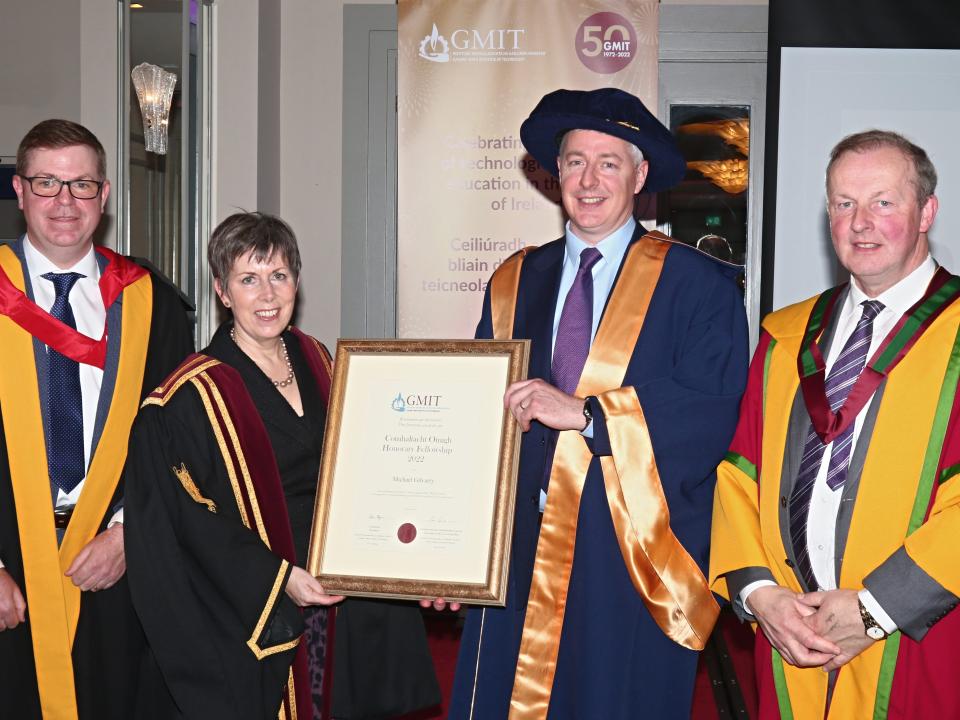 <p>Michael Gilvarry, General Manager of CERENOVUS (part of Johnson & Johnson) and leading expert in medical technologies for the treatment of stroke, who was conferred with a GMIT Honorary Fellowship last week (Wed 23 March 2022) by the President of GMIT, Dr Orla Flynn (centre) Also pictured is Dr Eugene McCarthy (left), Head of the GMIT Dept of Analytical, Biopharmaceutical and Medical Sciences and Dr Michael Hannon, VP Academic Affairs & Registrar.</p>
