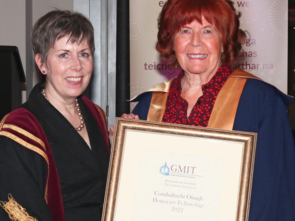 <p>Máirín Uí Chomáin, who was conferred with a GMIT Honorary Fellowship by the President of GMIT, Dr Orla Flynn last week (Wed 23 March 2022).</p>
