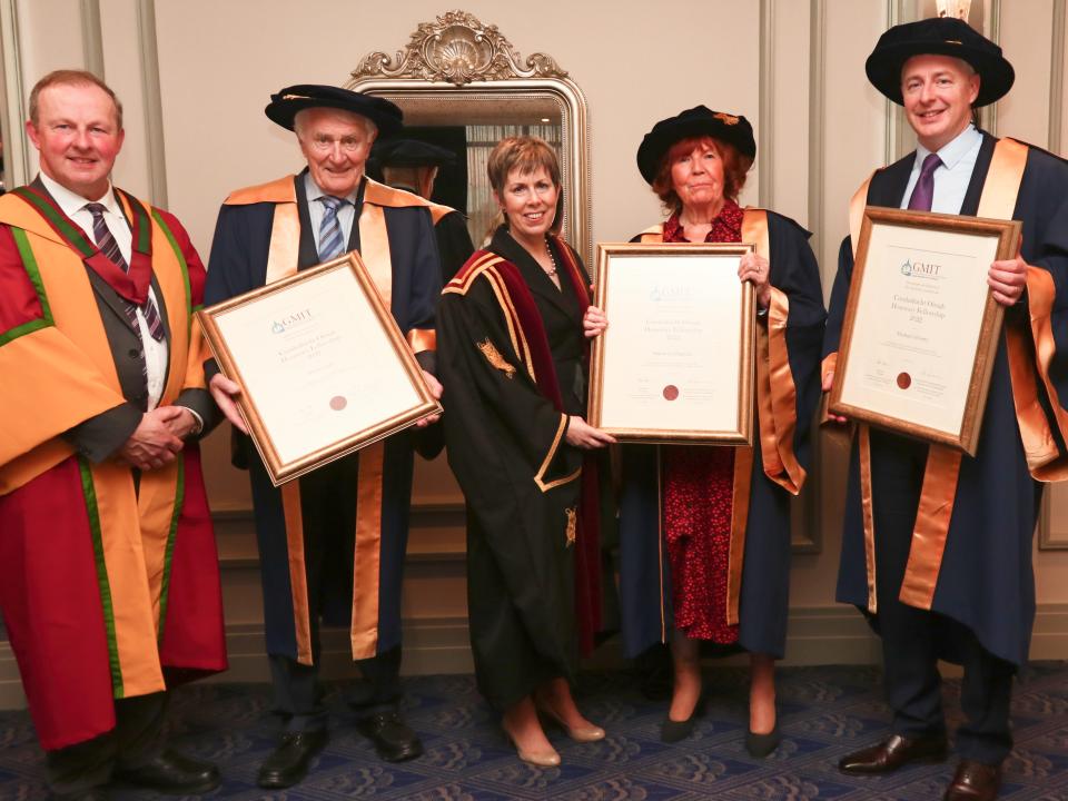 <p>GMIT Honorary Fellowship recipients Dr Gay Corr, Máirín Uí Chomáin and Michael Gilvarry, pictured with the President of GMIT, Dr Orla Flynn (centre) and Dr Michael Hannon, VP Academic Affairs & Registrar, at the conferring event in the G Hotel last week (Wed 23 March 2022).</p>
