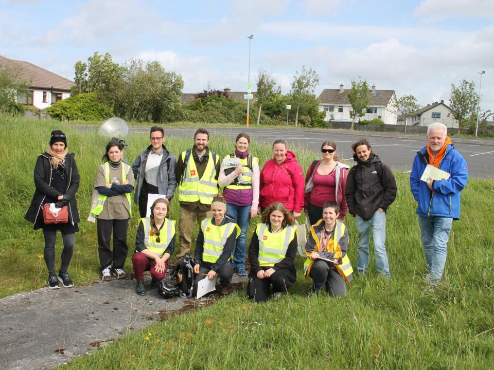 <p>ATU BioBlitz Group, front row, L to R: Georgina Vickery, Bernadette O’Neill, Emma Stempel, Katie O’Dwyer; Back row, L to R: Michelle Lynch, Luna Pawlowski, Andrea Parisi, Eamon Haughey, Heather Lally, Sheila Faherty, Caroline Dix, Alessio Volpato, Peter Butler. [Photo by Colin Stanley, Friends of Merlin Woods]</p>
