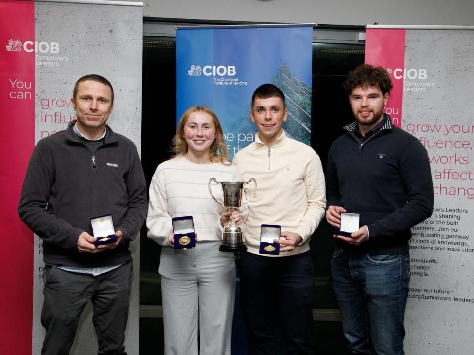 <p>The ATU Galway team, winners of the 2022 National Chartered Institute of Building (CIOB) Challenge, L to R: Kenneth Hynes from Galway city, Kara, Earle from Athlone, Co Westmeath, Simon O’Grady from Kilbeacanty, Co Galway, and Liam McDonagh from Corofin, Co Galway.</p>
