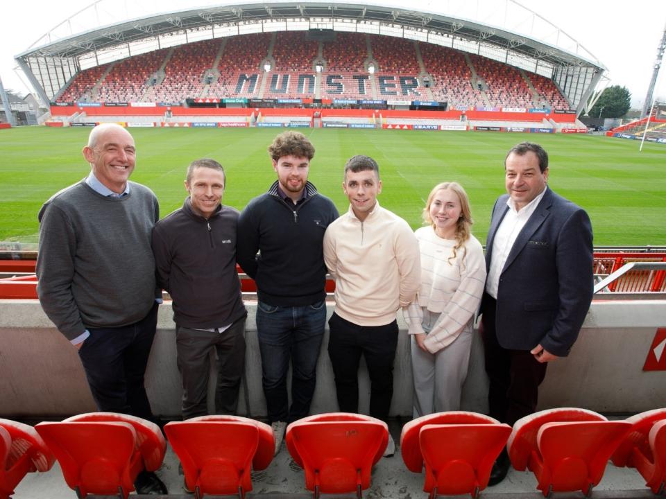 <p>The ATU Galway team, winners of the 2022 National Chartered Institute of Building (CIOB) Challenge, pictured with lecturers at the finals in Thomond Park, Limerick, L to R: John Hanahoe (lecturer), Kenneth Hynes from Galway city, Liam McDonagh from Corofin, Co Galway, Simon O’Grady from Kilbeacanty, Co Galway, Kara Earle from Athlone, Co Westmeath, and Dr Martin Taggart (lecturer).</p>

