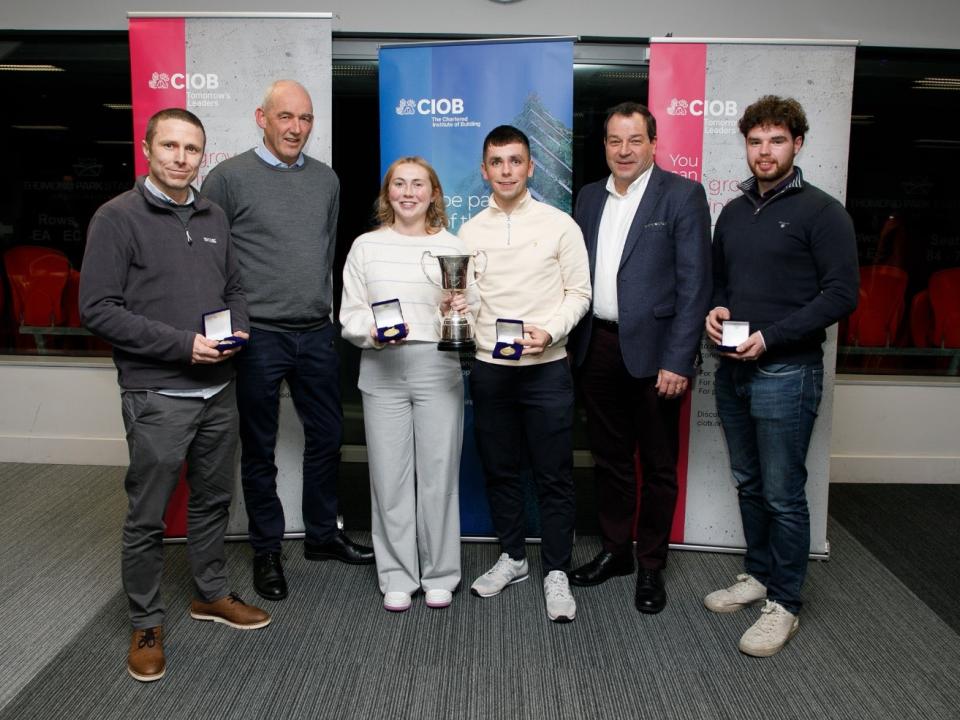<p>The ATU Galway team, winners of the 2022 National Chartered Institute of Building (CIOB) Challenge with lecturers, L to R: Kenneth Hynes, Kenneth Hynes from Galway city, John Hanahoe (lecturer), Kara Earle from Athlone, Co Westmeath, Simon O’Grady from Kilbeacanty, Co Galway, Dr Martin Taggart (lecturer), Liam McDonagh from Corofin, Co Galway.</p>
